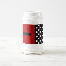 Name monogram black white polka dots red stripes mug