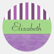 Names Initials Monograms Damask Purple, Green Round Stickers