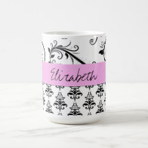 Names Initials Monograms Damask White Black Pink Coffee Mugs
