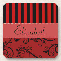 Names Initials Monograms Stripes Damask Red Black Coaster