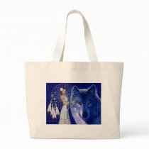 Native American Woman & Blue Wolf Design Tote Bags