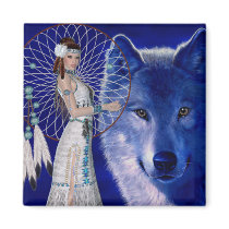 Native American Woman & Blue Wolf Design Magnets