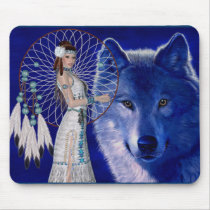 Native American Woman & Blue Wolf Design Mousepad