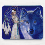 Native American Woman & Blue Wolf Design mousepads