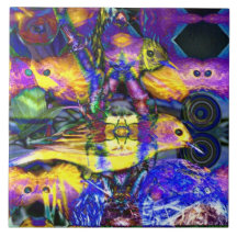 Nature Reflections II - Violet & Gold Birds Ceramic Tile
