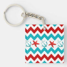 Nautical Beach Red Teal Chevron Anchors Starfish Keychains