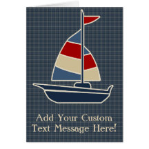 Nautical Blue, Red, Cream Sailboat Custom Greeting Card