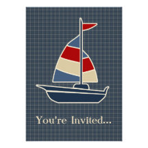Nautical Blue, Red, Cream Sailboat Custom Personalized Invite
