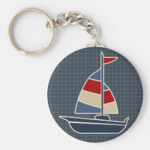 Nautical Blue, Red, Cream Sailboat Custom Keychain