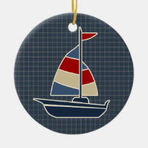 Nautical Blue, Red, Cream Sailboat Custom Ornaments