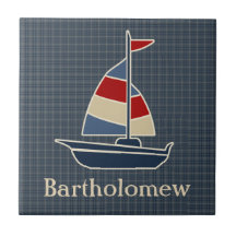 Nautical Blue, Red, Cream Sailboat Custom Tiles