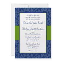Navy and Green Damask Swirl Wedding Invitation