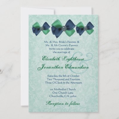 Navy and Green Jeweled Bows Wedding Personalized Announcement by JaclinArt