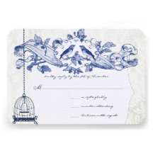 Navy Bird Cage Oak Vintage Birds Scroll Wedding Custom Invitations
