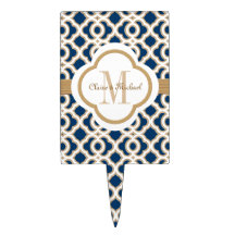 Navy Blue and Gold Moroccan Monogram Couples Cake Toppers