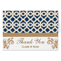 Navy Blue and Gold Moroccan Thank You Wedding Card