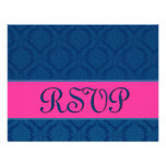 Navy Blue and Pink Damask RSVP Wedding Personalised Invites
