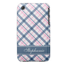 Navy Blue and Pink Plaid Pattern iPhone 3 Case