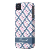 Navy Blue and PInk Plaid Pattern iPhone 4 Cases