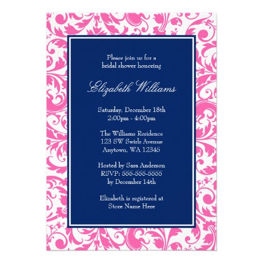Navy Blue and Pink Swirls Damask Bridal Shower Custom Invite
