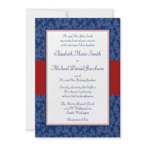 Navy Blue and Red Damask Swirl Wedding Invitations
