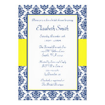 Navy Blue and Yellow Damask Bridal Shower Personalised Invitations