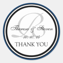 Navy Blue Black Monogram R Wedding Thank You Stickers