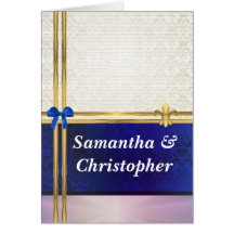 Navy blue & cream damask  wedding invitation greeting card