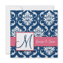 Navy Blue Damask Monogram Invitation Honeysuckle