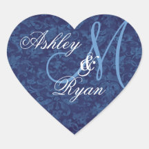 Navy Blue Damask Wedding Custom Monogram Heart Heart Stickers