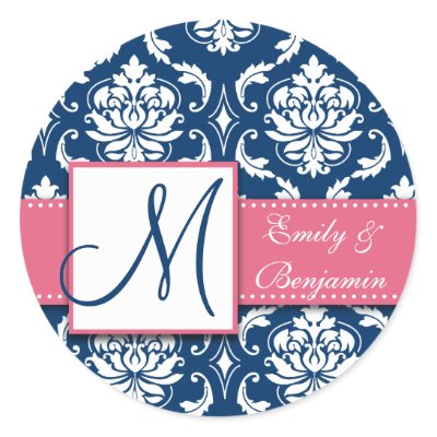 Navy Blue Damask Wedding Favour Sticker Pink by monogramgallery