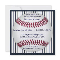 Navy Blue Pinstripes Baseball Birthday Party Custom Invitations