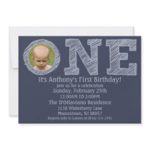 Navy Blue The Big One First Birthday Party Invitations