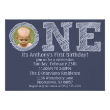 Navy Blue The Big One First Birthday Party Invitations