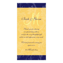 Navy blue yellow wedding "thank you" photo greeting card