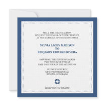 Navy border square traditional wedding invitation