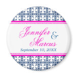 Navy hot pink filigree fancy wedding save the date magnets