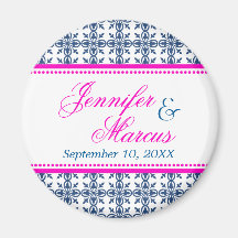 Navy hot pink filigree fancy wedding save the date refrigerator magnet