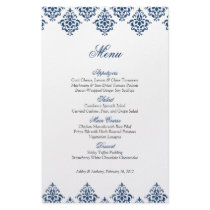 Navy White Damask Arabesque Wedding Menu Card