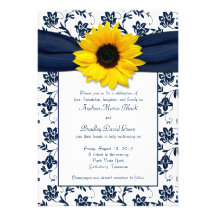 Navy White Damask Sunflower Wedding Invitation