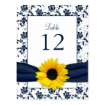 Navy White Sunflower Damask Wedding Table Card Postcards