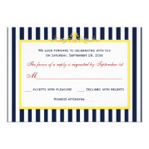 Navy, White, Yellow, Red Striped Scroll RSVP Card Personalised Announcements