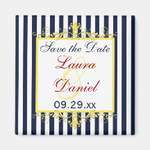 Navy, White, Yellow Stripes, Scrolls Save the Date Magnet