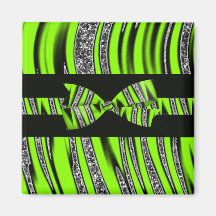 Neon Green & Black Zebra Glitter Stripes Fridge Magnet