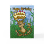 Nephew Happy Birthday with monkey holding cake Greeting Cards