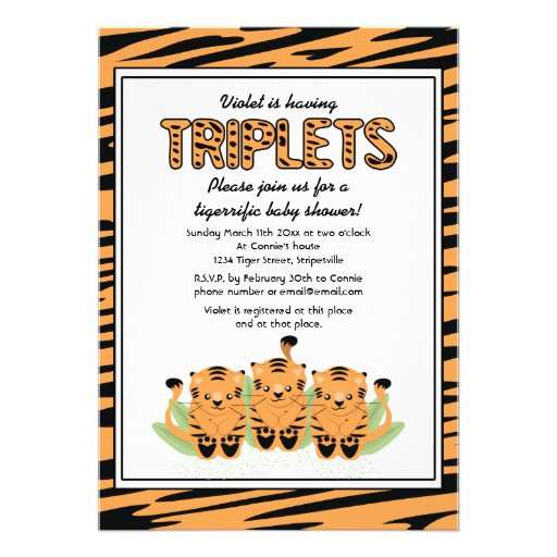 Neutral Tiger Triplets Baby Shower Invitation