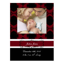 New Baby Neutral, Red Damask Birth Announcement Post Cards