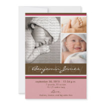 New Baby Photo Trio Birth Announcement (pink)