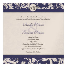 New Sizes  Navy Damask Swirls Wedding Invitation