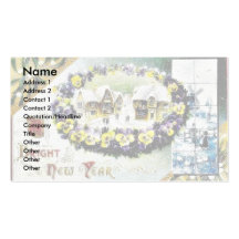 New Year greeting with a village and a flower garl Business Card Template